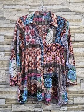 ​Passports Boho Patchwork Pleated Tunic Blouse Women's S Multi Flare Sleeve